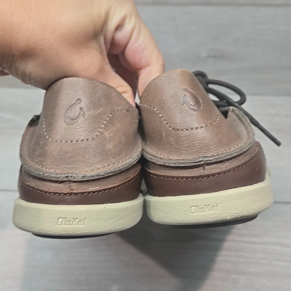 Olukai Men's Nalukai Brown Boat Shoes Oxford Sneakers Leather Shoes Sz 10